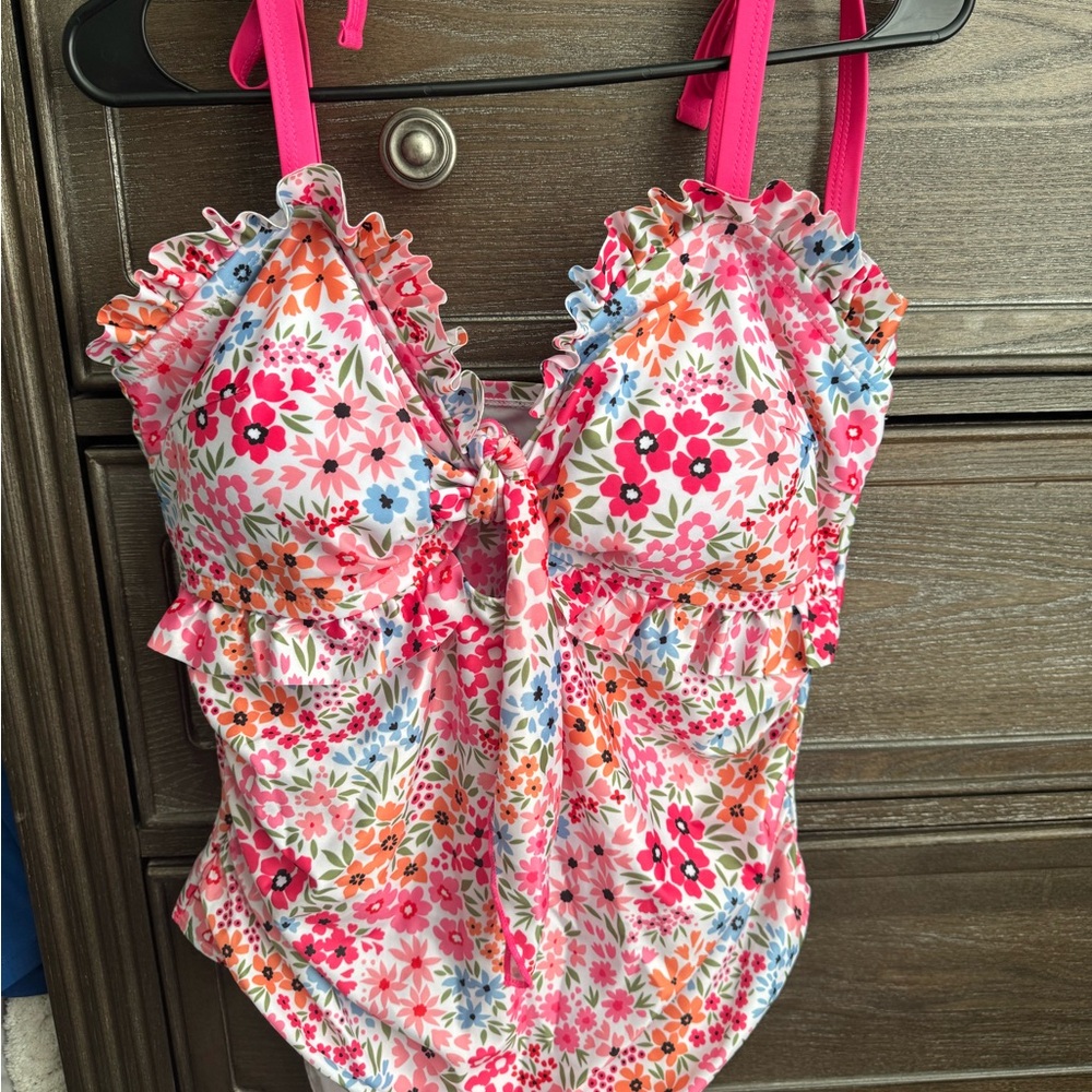 NEW Floral One-Piece Swimsuit with Pink Straps